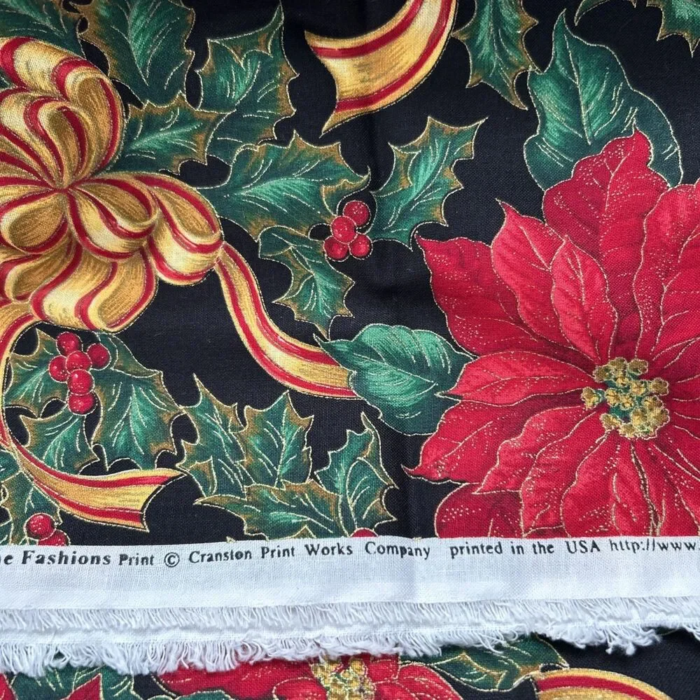 Cranston Home Christmas Holly Holiday Poinsettia Bows Floral Print Cotton Fabric